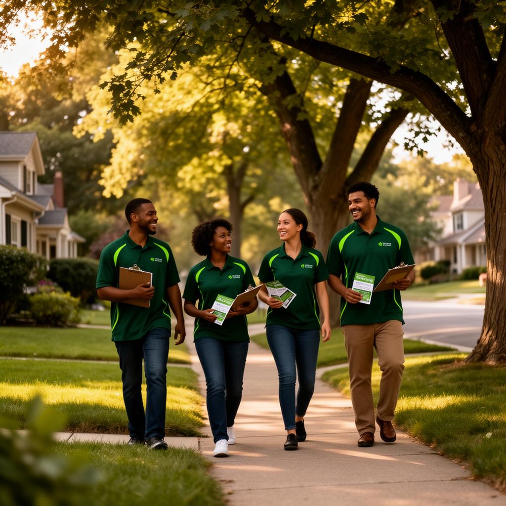Distribution team walking a residential American street